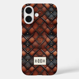 Funda iPhone 16 Cuero Marrón Antiguo con Monograma en Diamante
