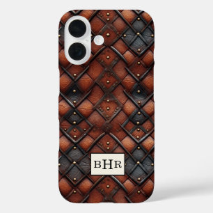 Funda iPhone 16 Cuero Marrón Antiguo con Monograma en Diamante