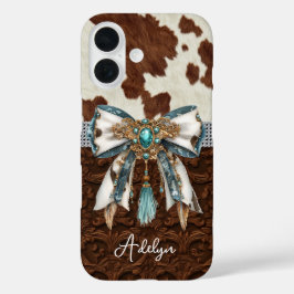 Funda iPhone 16 Cuero Marrón de Vaqueta con Lazo con Joyas