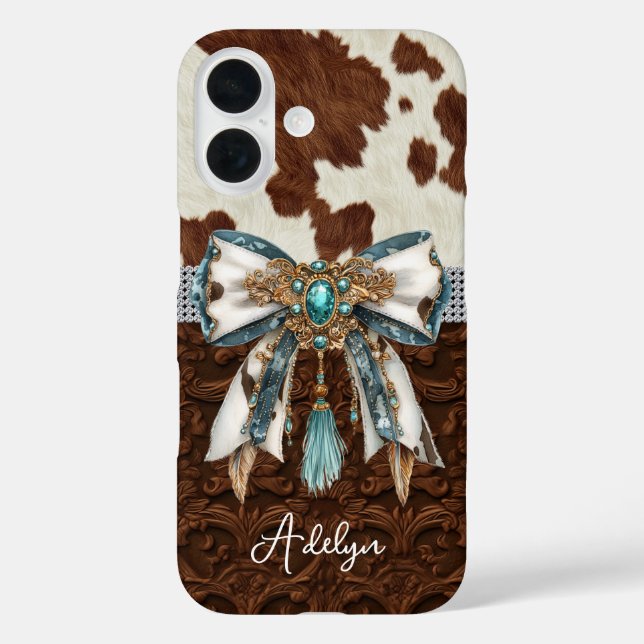 Funda iPhone 16 Cuero Marrón de Vaqueta con Lazo con Joyas (Reverso )