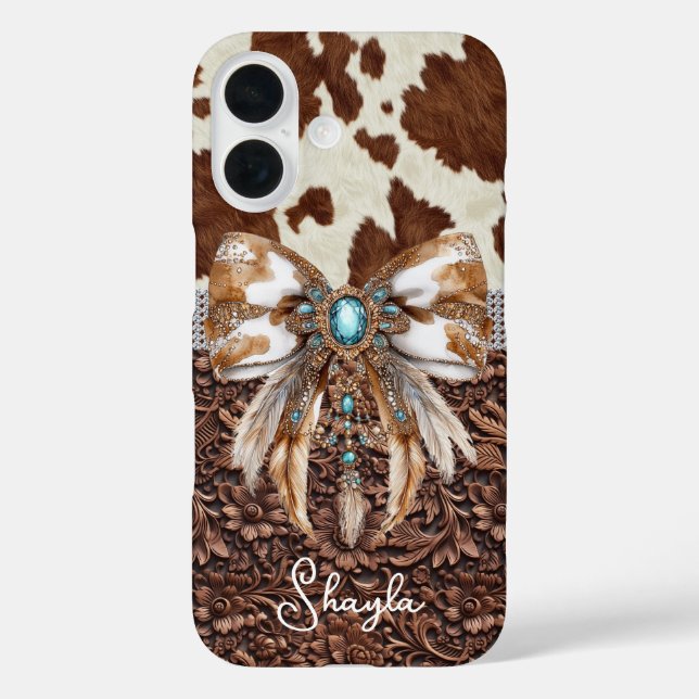 Funda iPhone 16 Cuero Marrón de Vaqueta Joyas Arco Monogramado (Reverso )