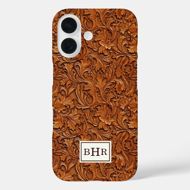 Funda iPhone 16 Cuero Marrón Grabado Monogramado (Reverso )