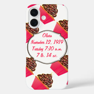 Funda iPhone 16 Cupcakes Estadísticas de Nacimiento de Bebé Niña R