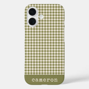 Funda iPhone 16 Curte Retro Olive Green Gingham Plaid Personalizad