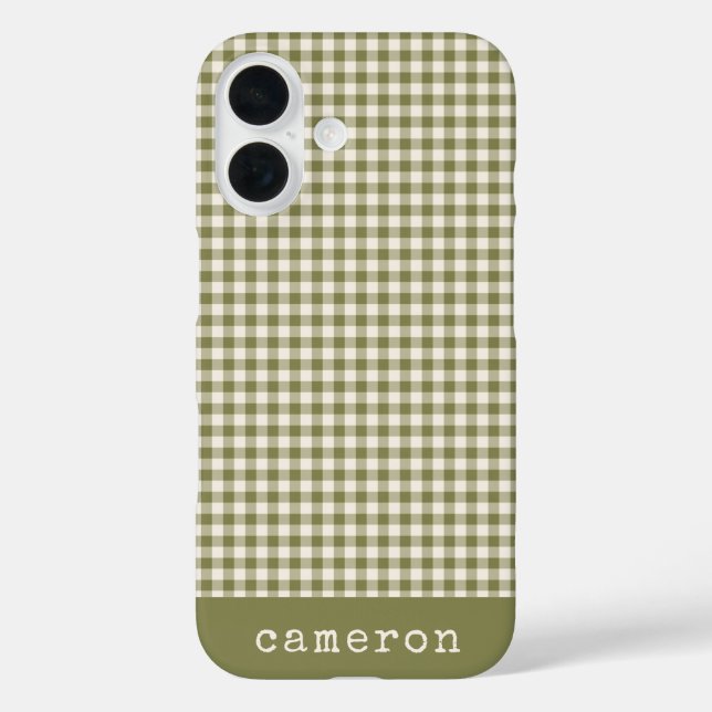 Funda iPhone 16 Curte Retro Olive Green Gingham Plaid Personalizad (Reverso )