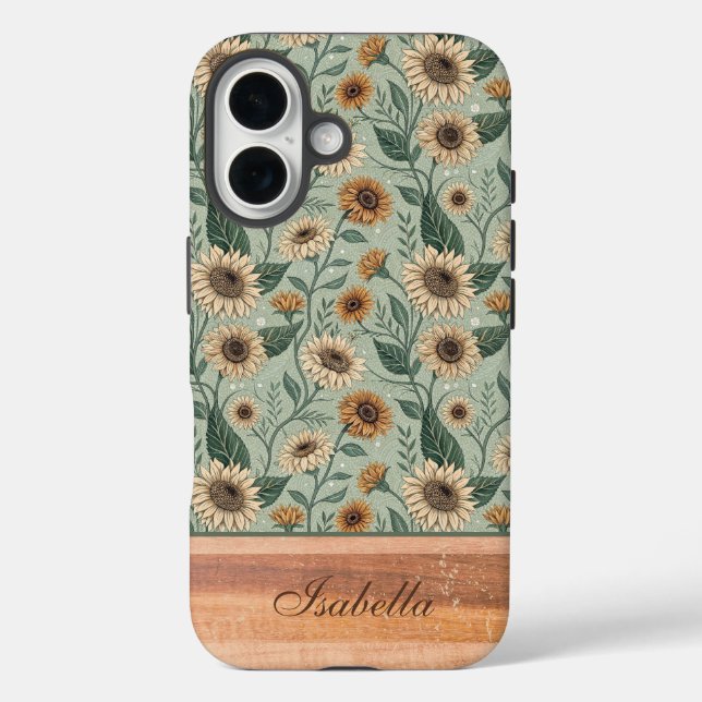 Funda iPhone 16 Custom Boho Sunflowers Wood Effect (Reverso )