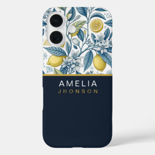 Funda iPhone 16 Custom Elegant Mediterranean Lemon Botanical Navy