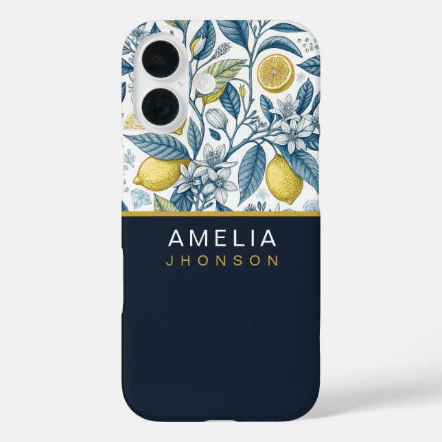 Funda iPhone 16 Custom Elegant Mediterranean Lemon Botanical Navy (Reverso )