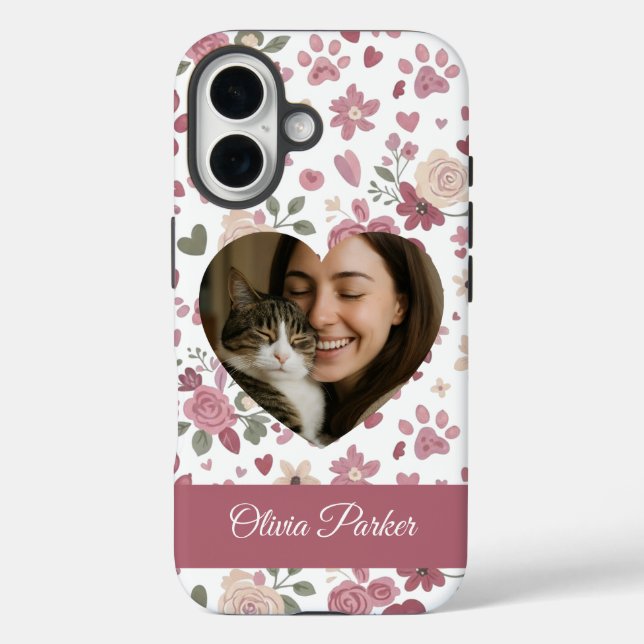 Funda iPhone 16 Custom Heart Photo Cat Lover Phone Case (Reverso )