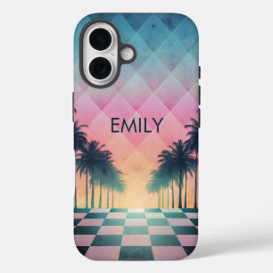 Funda iPhone 16 Custom Name Retro Synthwave Sunset Palm Trees