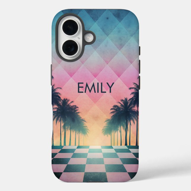 Funda iPhone 16 Custom Name Retro Synthwave Sunset Palm Trees (Reverso )