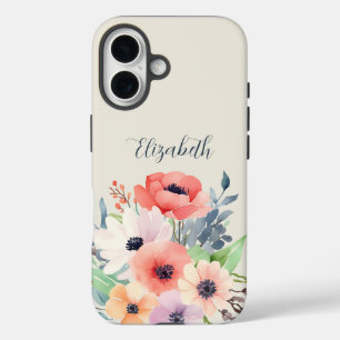 Funda iPhone 16 Custom Name Watercolor Floral Anemone