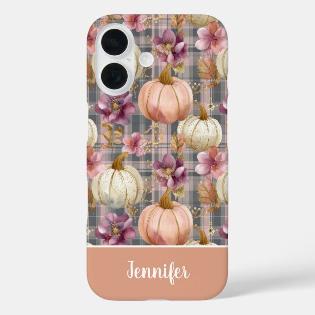Funda iPhone 16 Custom Pumpkin and Flowers plaid  pattern  (Reverso )