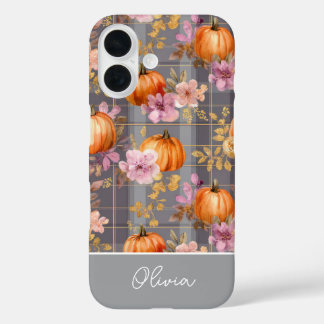 Funda iPhone 16 Custom Pumpkin and Flowers plaid  pattern 