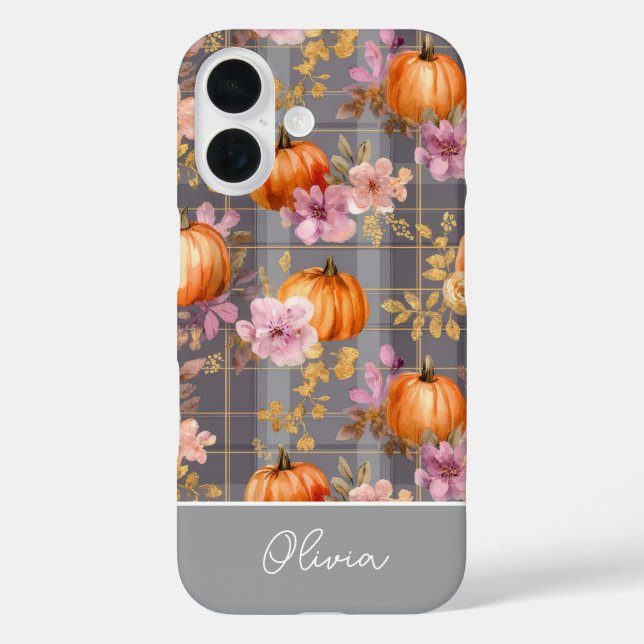 Funda iPhone 16 Custom Pumpkin and Flowers plaid  pattern  (Reverso )