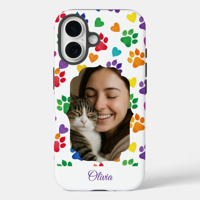 Funda iPhone 16 Custom Rainbow Paw Print Photo Phone Case  (Reverso )