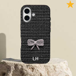 Funda iPhone 16 Cute Black Crochet Bow Yarn Custom Name