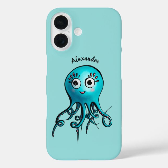 Funda iPhone 16 Cute Blue Cartoon Octopus - Smiling Sea Creature (Reverso )