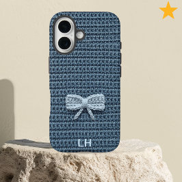 Funda iPhone 16 Cute Blue Crochet Bow Yarn Custom Name