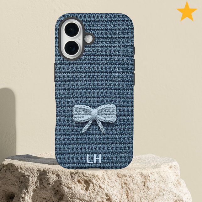 Funda iPhone 16 Cute Blue Crochet Bow Yarn Custom Name (Subido por el creador)