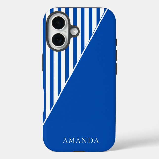 Funda iPhone 16 Cute Blue Striped Personalized Name (Reverso )