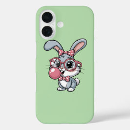 Funda iPhone 16 Cute Bunny with Glasses Blowing Bubble Gum