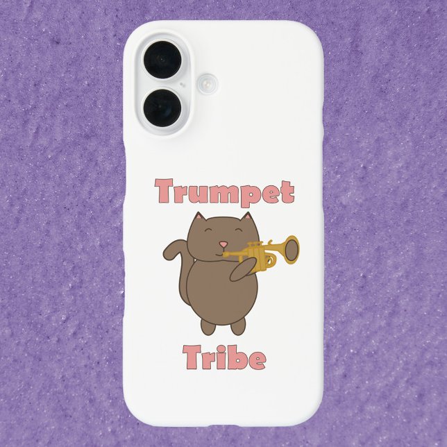 Funda iPhone 16 Cute Cartoon Cat Playing Trumpet Tribe Musical  (A phone case with a cute cat playing the trumpet and the text trumpet tribe in pink.)