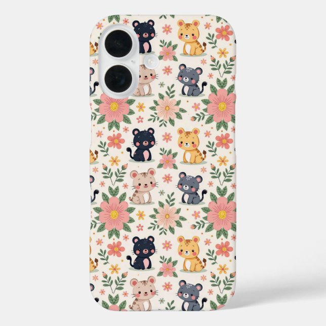 Funda iPhone 16 Cute Cartoon Jungle Cats and Flowers (Reverso )