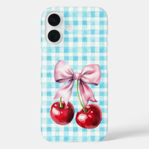 Funda iPhone 16 Cute Cherry Coquette Bow Blue Gingham