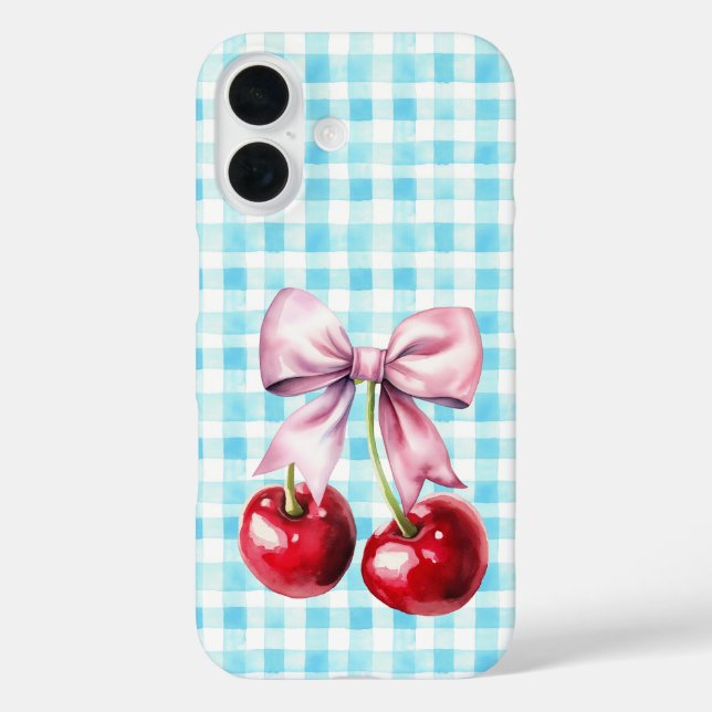 Funda iPhone 16 Cute Cherry Coquette Bow Blue Gingham (Reverso )