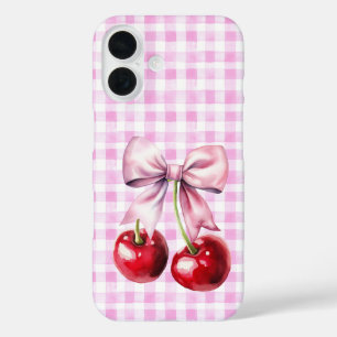 Funda iPhone 16 Cute Cherry Coquette Bow Pink Gingham