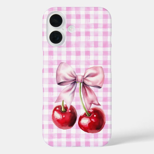 Funda iPhone 16 Cute Cherry Coquette Bow Pink Gingham (Reverso )