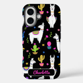 Funda iPhone 16 Cute Colorful Alpaca Cactus Custom Name Black