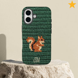 Funda iPhone 16 Cute Crochet Squirrel Custom Initials Monogram  