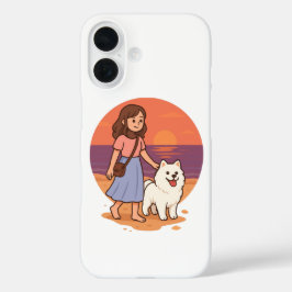 Funda iPhone 16 Cute Dog Mom Walking Fluffy Pup on Sunset Beach 