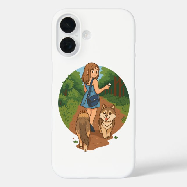 Funda iPhone 16 Cute Dog Mom Walking Puppies Forest Trail Illustra (Reverso )