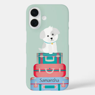 Funda iPhone 16 Cute Dog Sat on Suitcase Personalizado