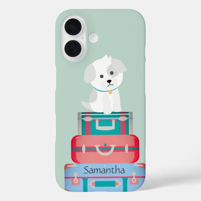 Funda iPhone 16 Cute Dog Sat on Suitcase Personalizado (Reverso )