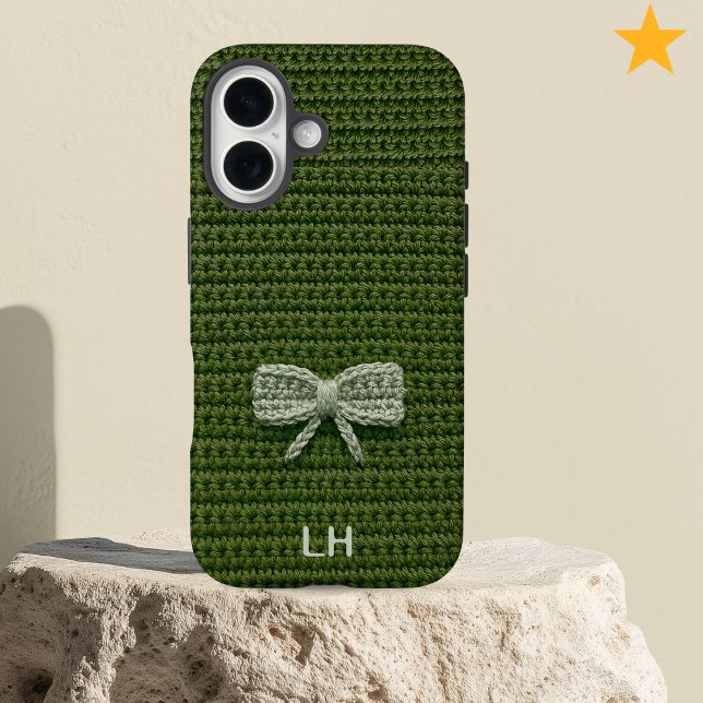 Funda iPhone 16 Cute Green Crochet Bow Yarn Custom Name (Subido por el creador)