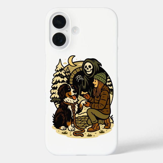 Funda iPhone 16 Cute Grim Reaper Girl and Dog Spooky Forest Night (Reverso )