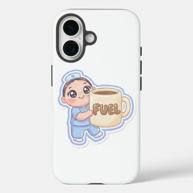 Funda iPhone 16 Cute Kawaii Chibi Nurse Giant Coffee Fuel  (Reverso )