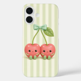 Funda iPhone 16 Cute Kawaii Par de Cerezas en Rayas Verde Salvia P