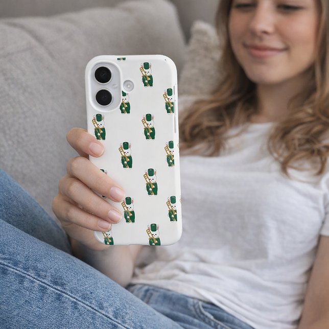 Funda iPhone 16 Cute Marching Bunny Trombone Player Cartoon Green (A phone case with a pattern of white rabbits holding a trombone.)