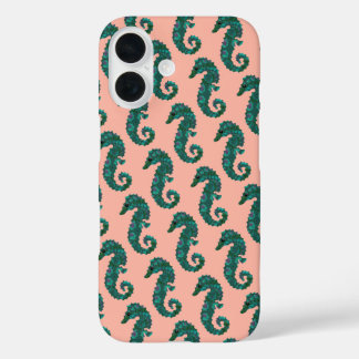 Funda iPhone 16 Cute Nautical Teal and Coral Seahorse Pattern