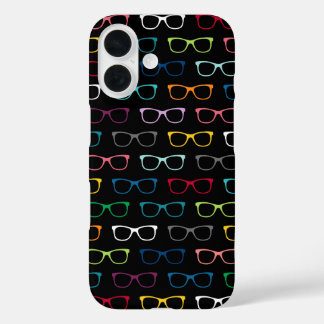 Funda iPhone 16 Cute Nerdy Hipster Glasses Patrón Colorido Negro