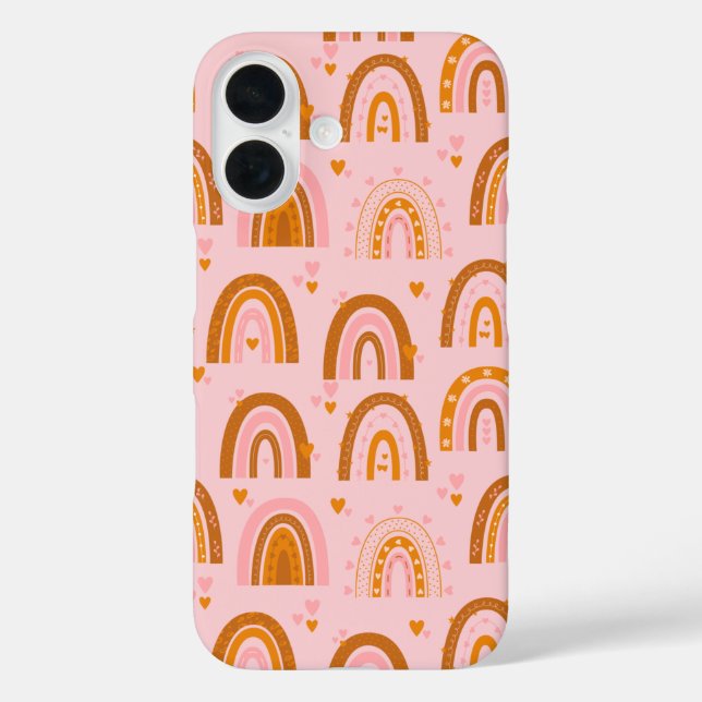 Funda iPhone 16 Cute patrón de corazón arcoiris de Boho en Naranja (Reverso )