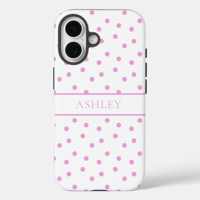 Funda iPhone 16 Cute Pink and White Polka Dot Personalized Name (Reverso )
