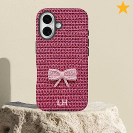 Funda iPhone 16 Cute Pink Crochet Bow Yarn Custom Name