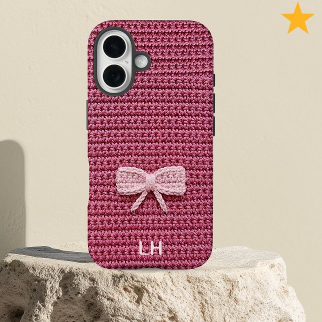 Funda iPhone 16 Cute Pink Crochet Bow Yarn Custom Name (Subido por el creador)