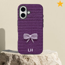 Funda iPhone 16 Cute Purple Crochet Bow Yarn Custom Name